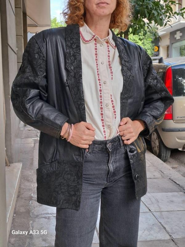 vintage black leather jacket with jacquard details