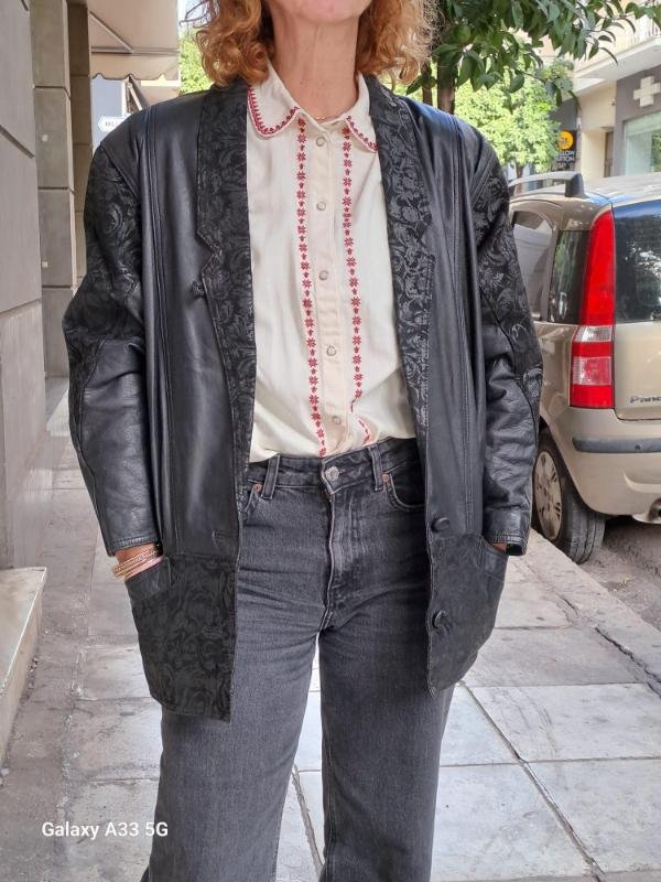 vintage black leather jacket with jacquard details - Image 5