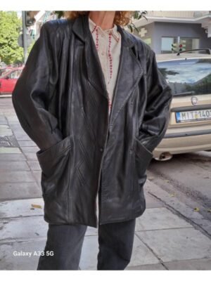 vintage leather black long jacket