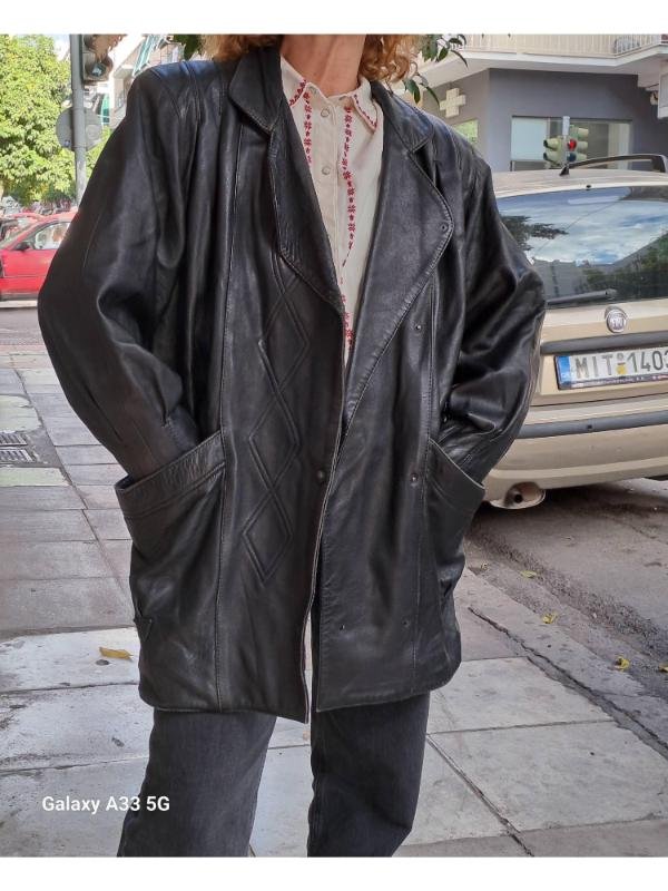 vintage leather black long jacket