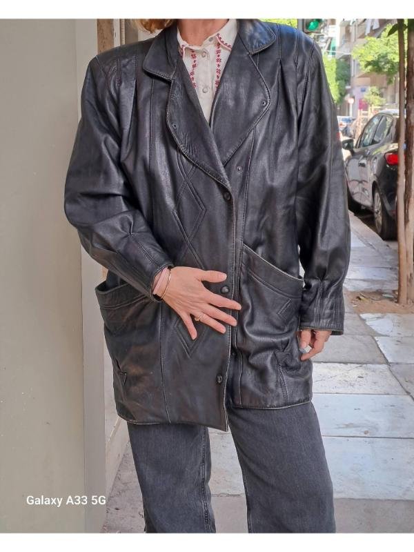 vintage leather black quilted diamond-pattern long jacket - Image 3