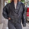 vintage cropped black leather jacket with wide lapels