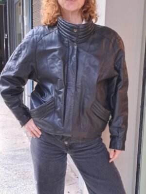 vintage high neck black leather bomber jacket