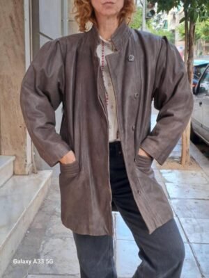 vintage taupe leather long jacket