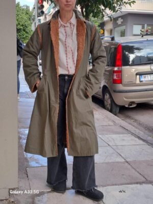 vintage khaki long trench coat with fur lining