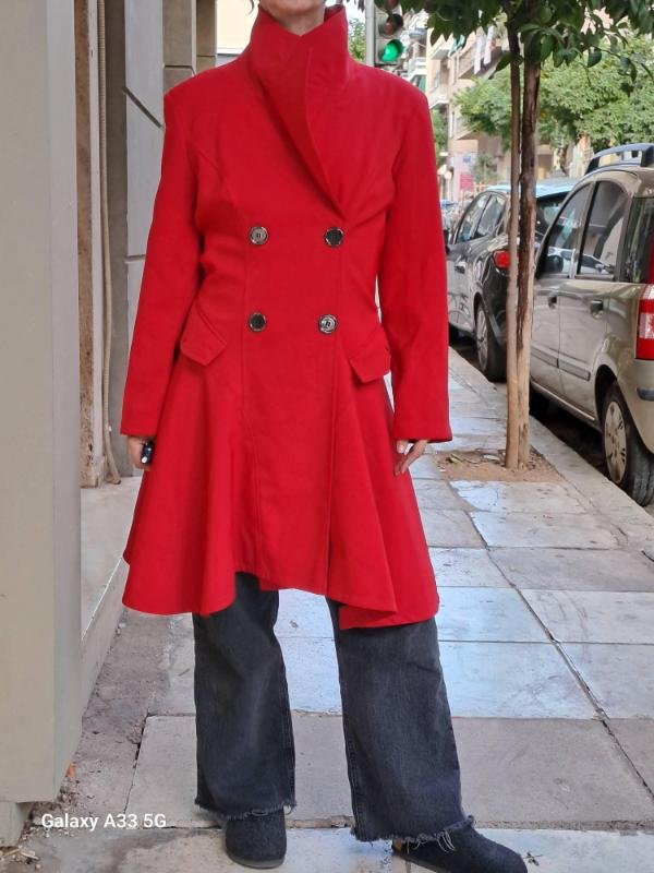 vintage red fitted coat with corset back and flared hemline