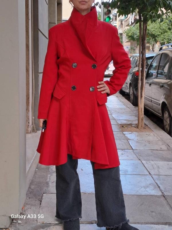 vintage red fitted coat with corset back and flared hemline - Image 2