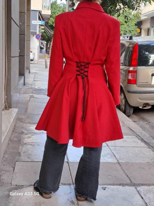 vintage red fitted coat with corset back and flared hemline - Image 3