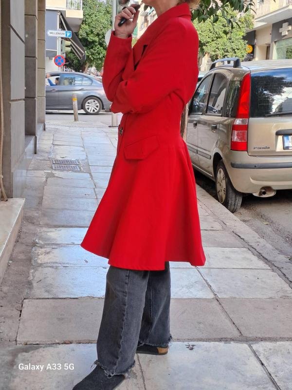 vintage red fitted coat with corset back and flared hemline - Image 4