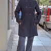 vintage wool & cotton black military style fitted coat with leather panel details