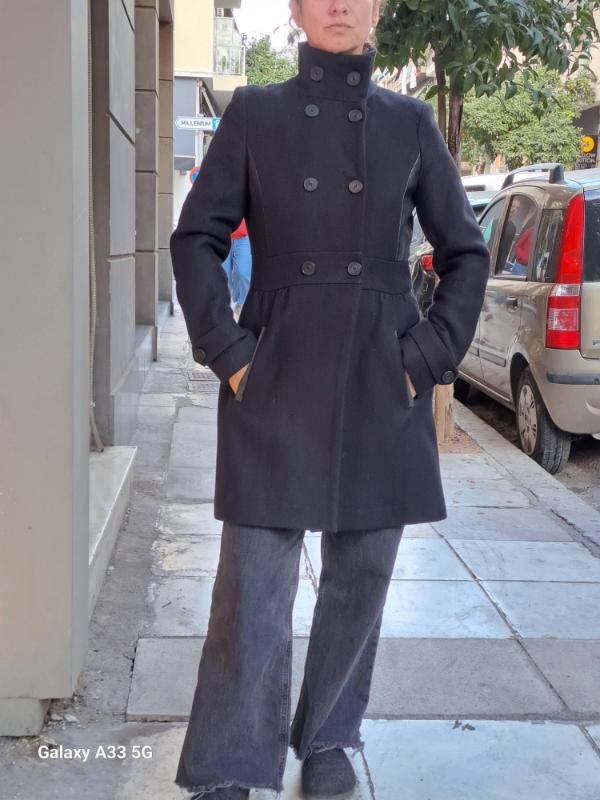 vintage wool & cotton black military style fitted coat with leather panel details