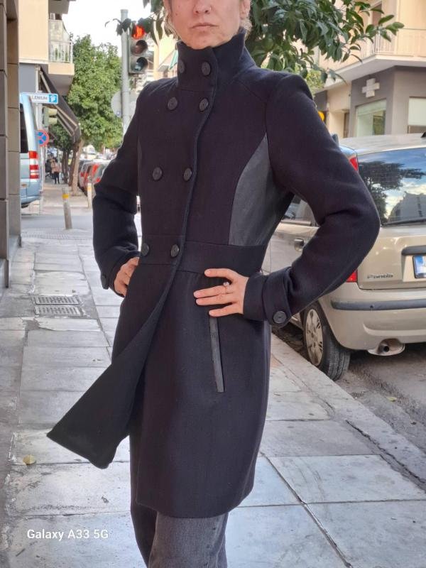 vintage wool & cotton black military style fitted coat with leather panel details - Image 2