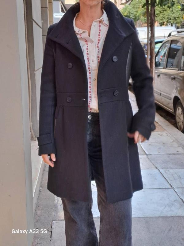 vintage wool & cotton black military style fitted coat with leather panel details - Image 3