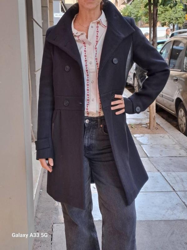 vintage wool & cotton black military style fitted coat with leather panel details - Image 4