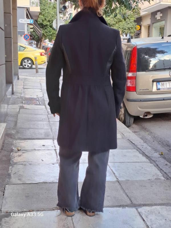 vintage wool & cotton black military style fitted coat with leather panel details - Image 5