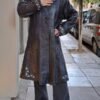 vintage black leather coat with geometric grey insets