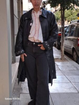 Alternative view of vintage black leather coat with geometric grey insets