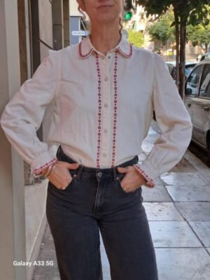 vintage cream & red embroidered folk shirt