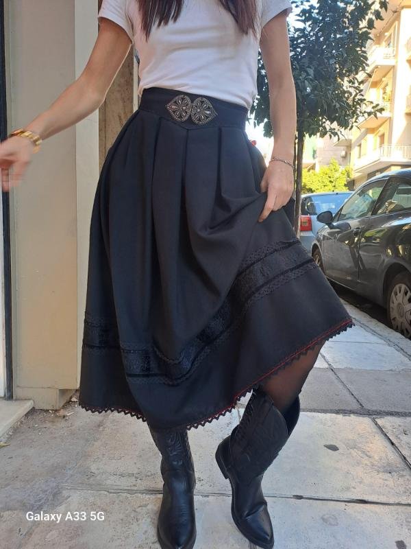 vintage black wool skirt with detailed hem and decoration belt - Image 2