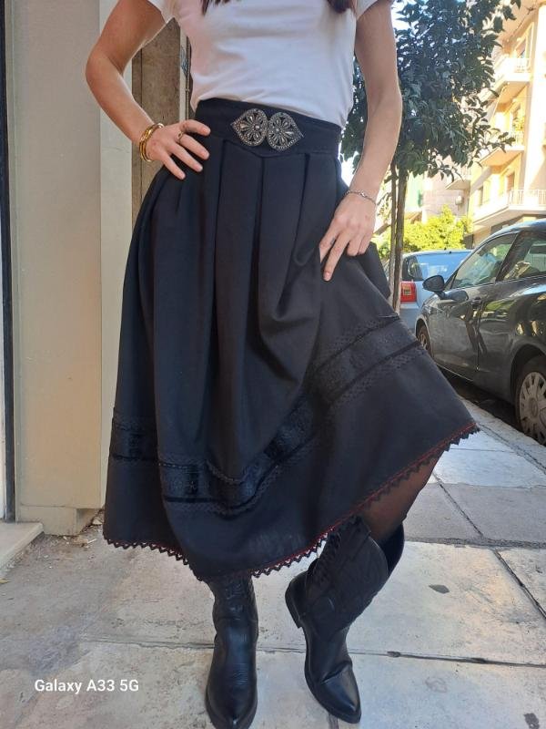 vintage black wool skirt with detailed hem and decoration belt - Image 3