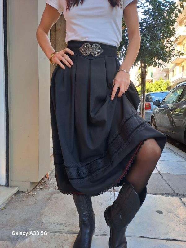vintage black wool skirt with detailed hem and decoration belt - Image 4