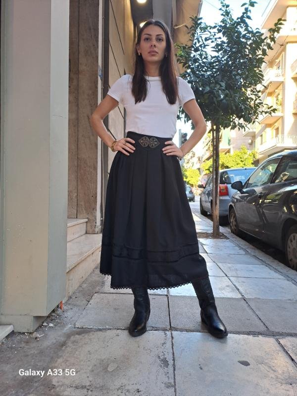 vintage black wool skirt with detailed hem and decoration belt - Image 5