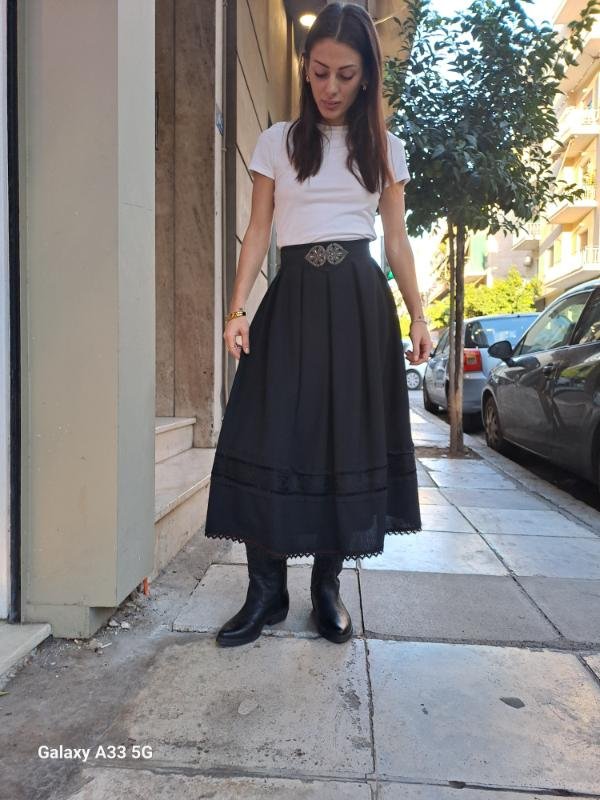 vintage black wool skirt with detailed hem and decoration belt - Image 6