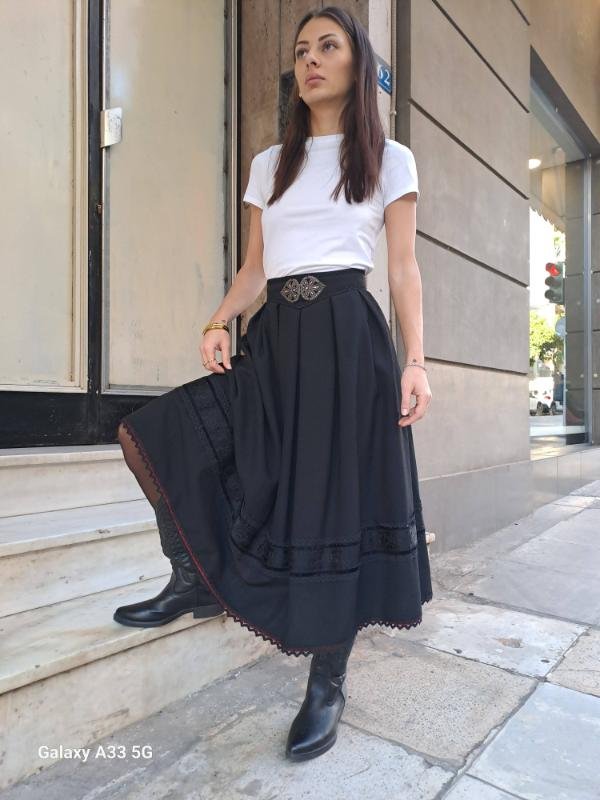 vintage black wool skirt with detailed hem and decoration belt
