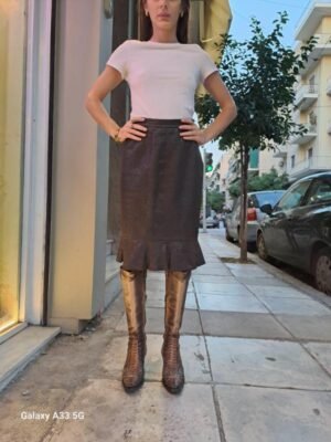 vintage brown leather snake texture skirt with frill hem