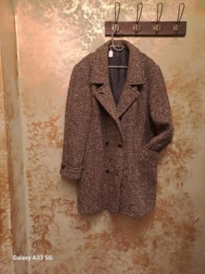 vintage fishbone wool double breasted coat in neutral colors