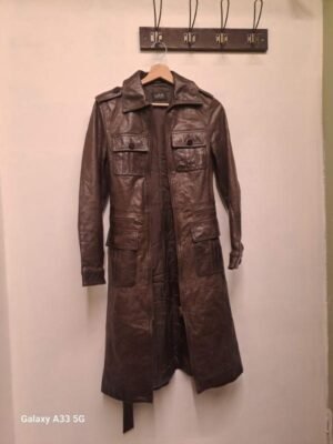 vintage bark brown long leather trench coat