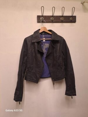 vintage black cropped leather jacket with embellished back and studded sleeves