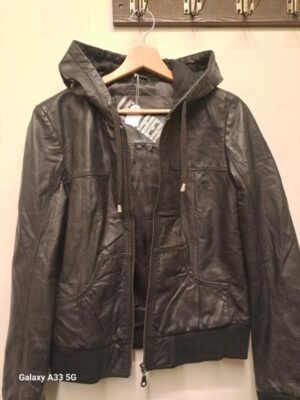 Alternative view of vintage black leather jacket with hoodie