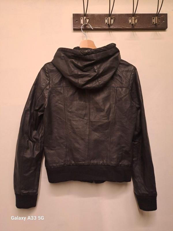 vintage black leather jacket with hoodie - Image 4