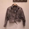 vintage grey textured cropped leather jacket with multiple zippers