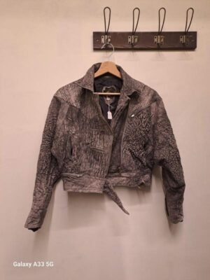 vintage grey textured cropped leather jacket with multiple zippers