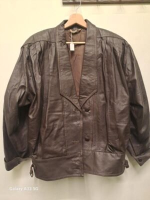Alternative view of 80's vintage dark brown oversize leather jacket with deep V collar