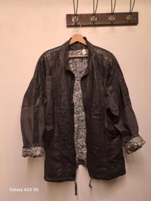 vintage black & grey patchwork leather and denim oversize jacket with geometric back silver diamond panel