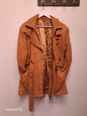 vintage leather caramel brown parka jacket with belt