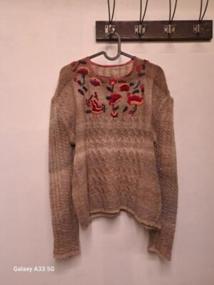 vintage beige hand knitted wool sweater with floral embroidery