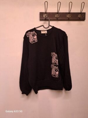 vintage black knitted sweater with metalic squirls and pleated sleeves