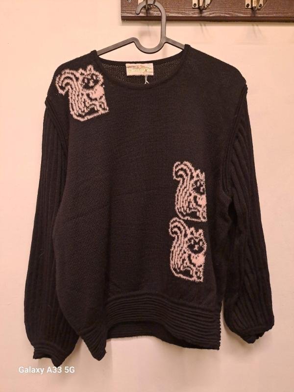 vintage black knitted sweater with metalic squirls and pleated sleeves - Image 2