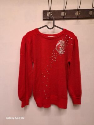 Alternative view of vintage red knitted sweater with strass and puff sleeves