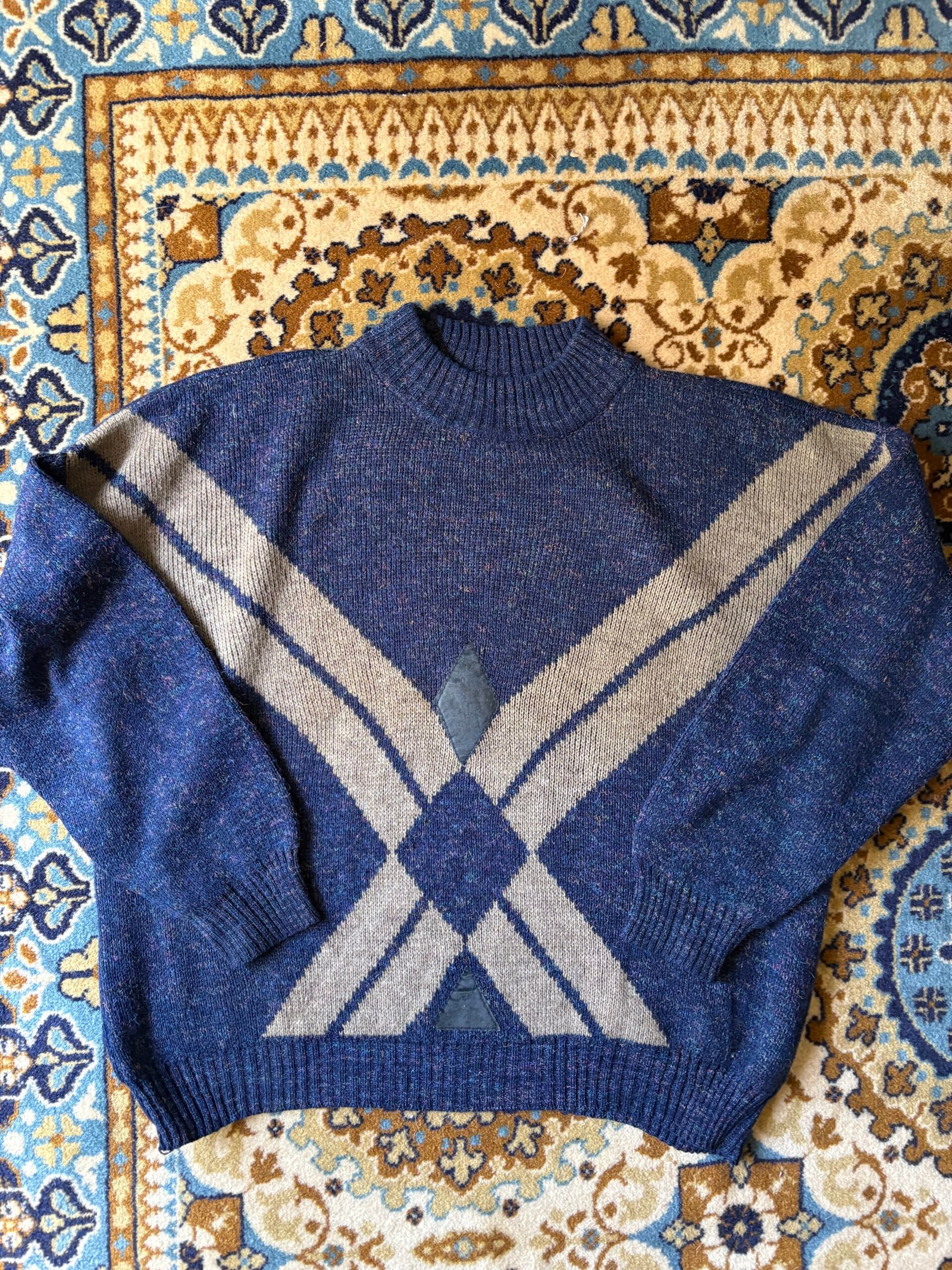 vintage unisex blue grey knitted geometric patterned granpa's sweater - Image 3