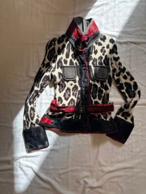 vintage animal pritn knitted cardigan with belt and pony skin details