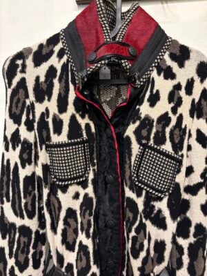 Alternative view of vintage animal print knitted cardigan with belt and pony skin details