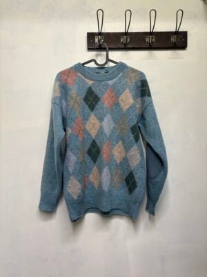 vintage 100% wool light blue geometric patterned knitted sweater