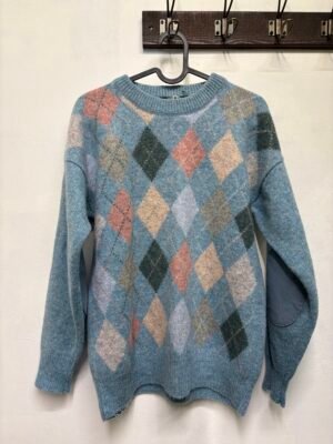 Alternative view of vintage 100% wool light blue geometric patterned  knitted sweater