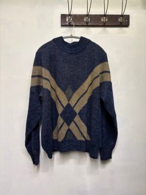 vintage unisex blue grey knitted geometric patterned granpa's sweater