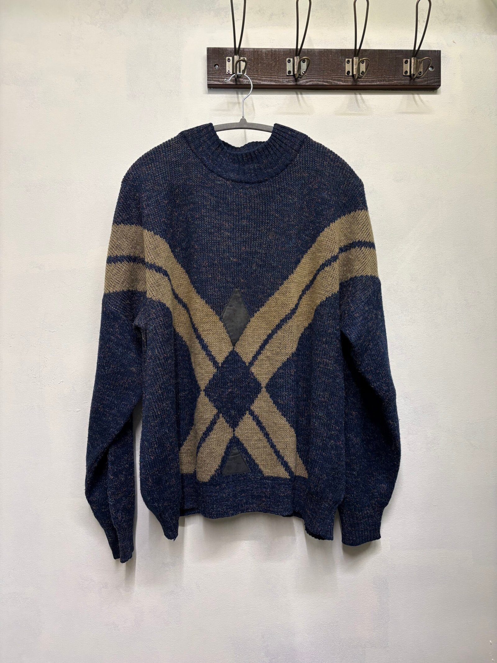 vintage unisex blue grey knitted geometric patterned granpa's sweater